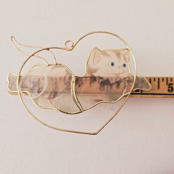 Cat Jumping Through a Heart Sun Catcher Capiz Shell Hand Painted Gold Hardware - Picture 5 of 5